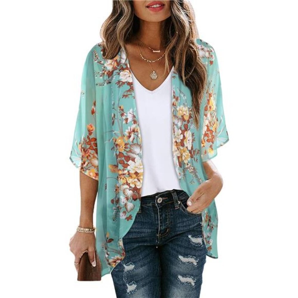 Floral Puff Sleeve Kimono Cardigan – Lightweight Cover-Up for Women